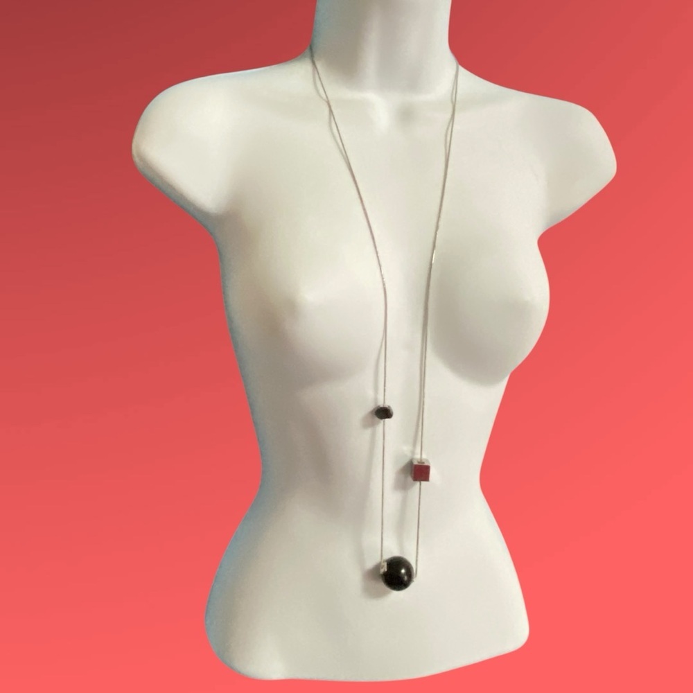 CHICO'S Silver Long Chain Necklace Black Bead Pendant Plus Size Jewelry 39"
